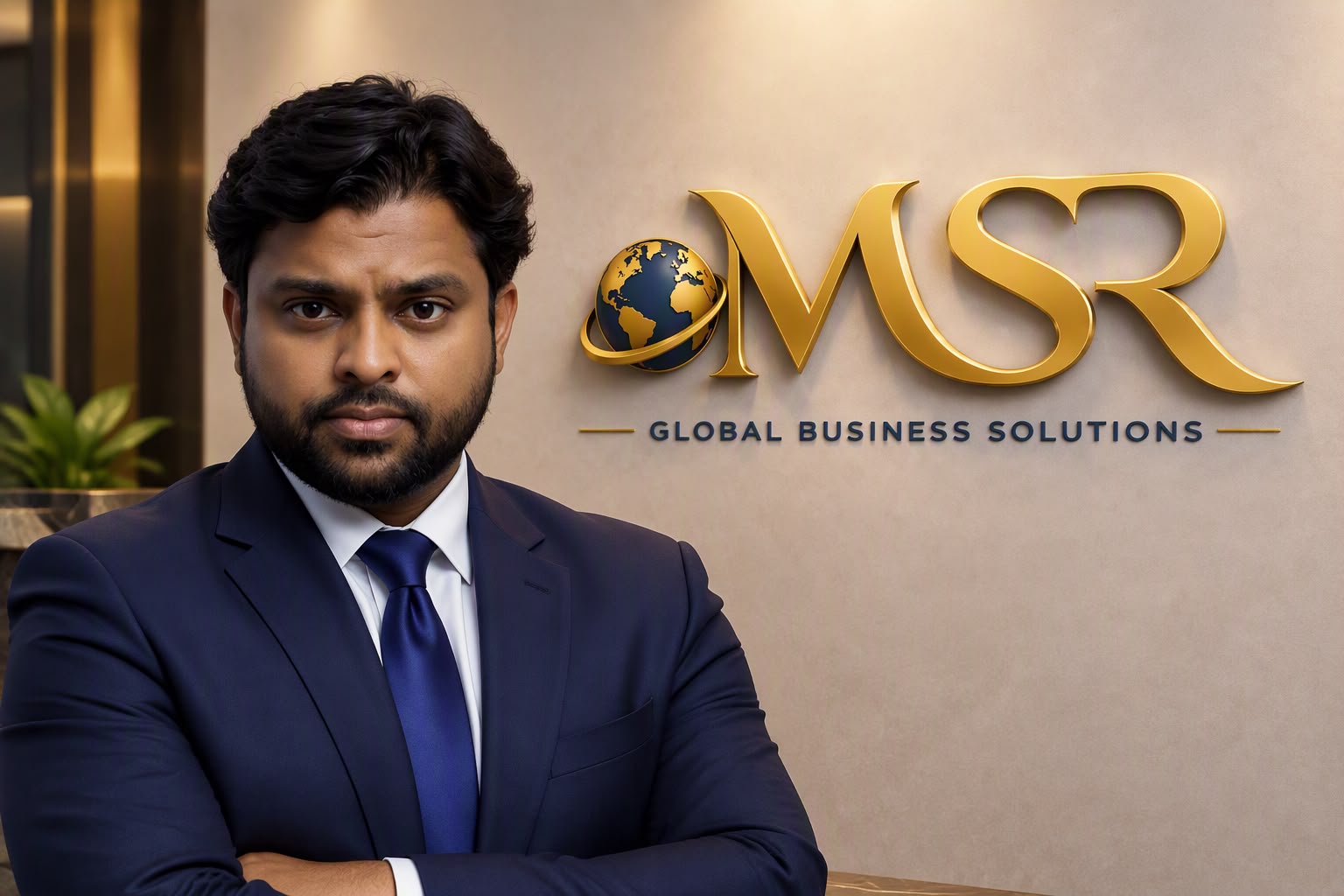 MSR representative beside the complete gold MSR Global Business Solutions logo
