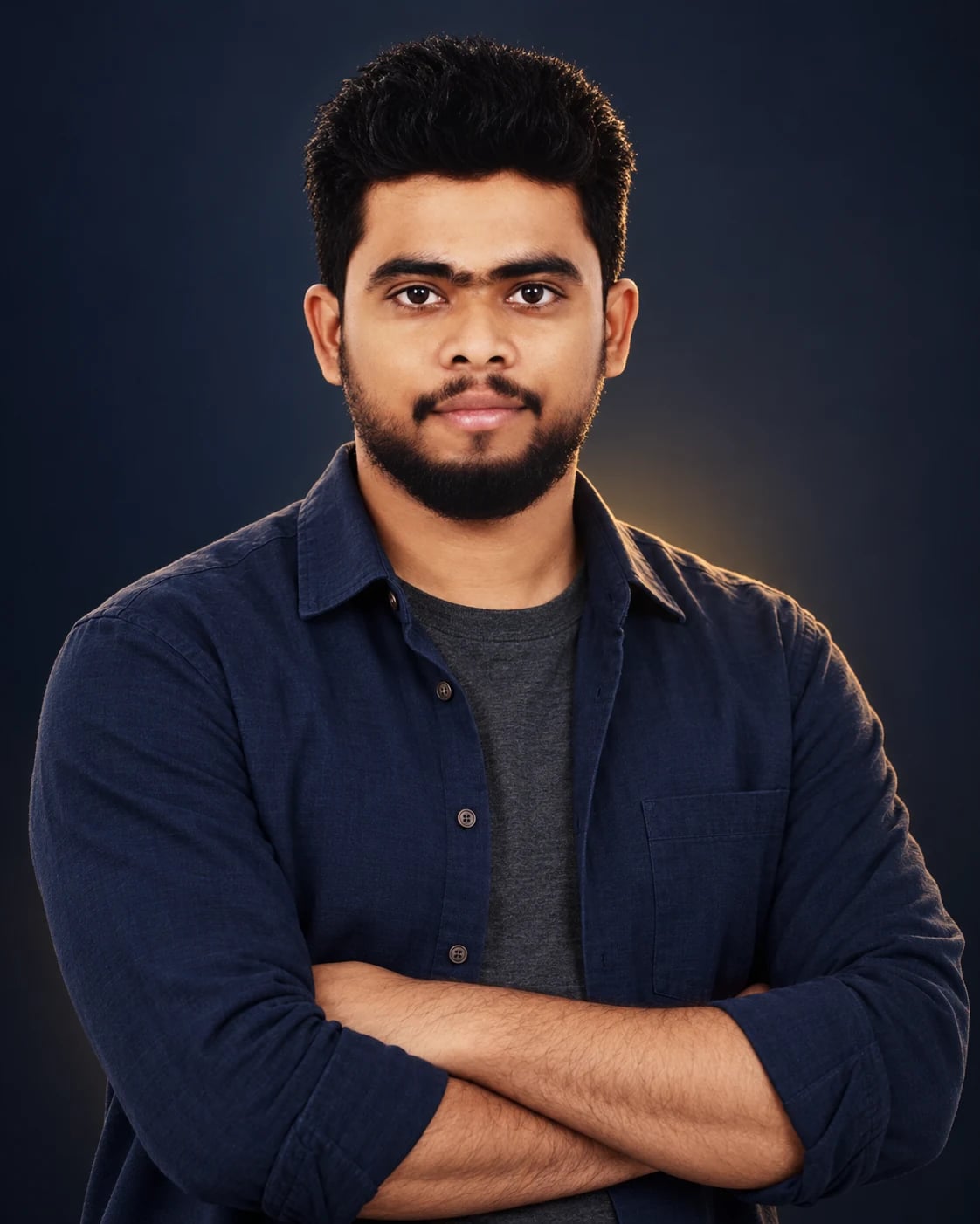 Mohamed Kamil Hussain in a dark engineer overshirt and crewneck, photographed from the waist up