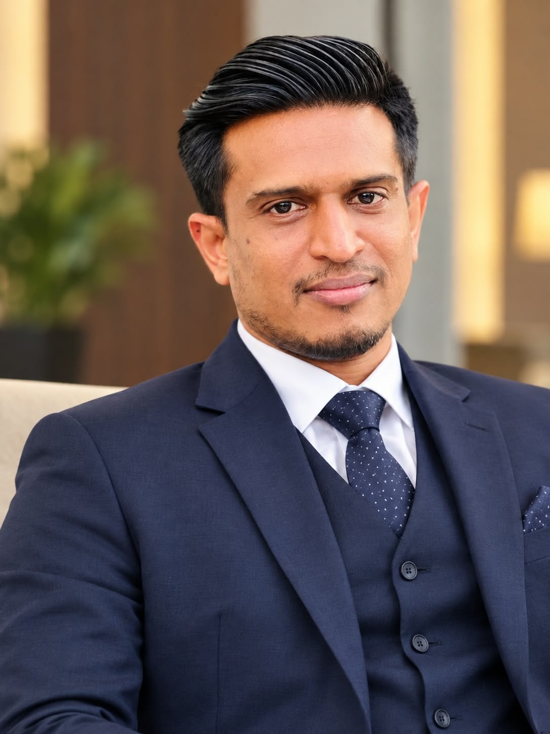 Mohamed Mansoor in a navy suit and tie