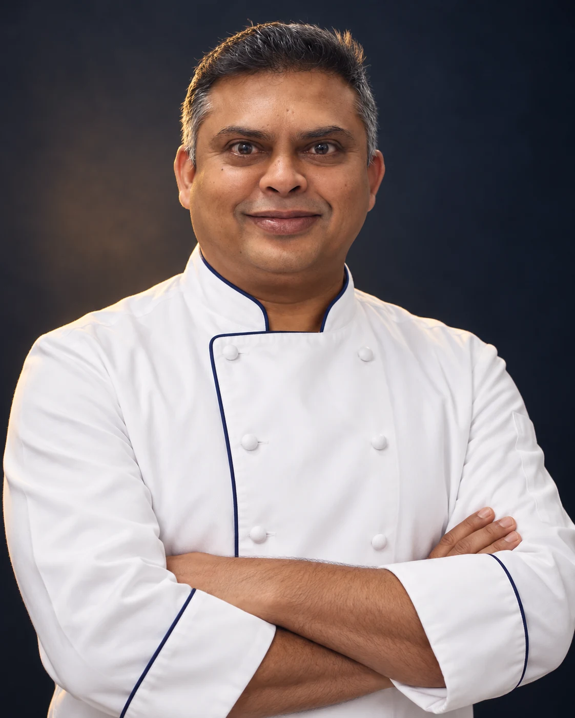 Safi Ahamed in a white chef jacket, photographed from the waist up